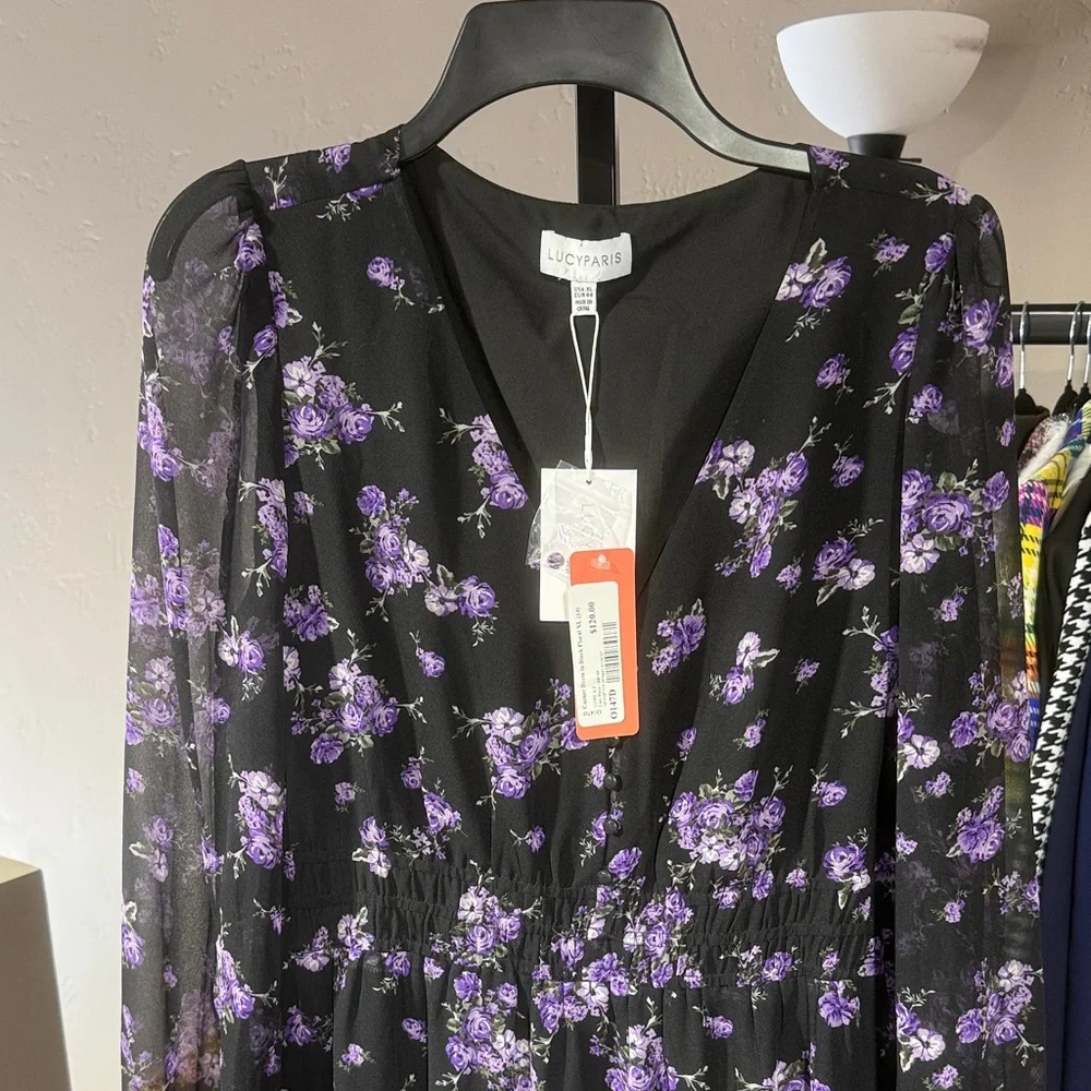 Lucy Paris Black and Purple Floral Long Sleeve Dress - Picture 4 of 7